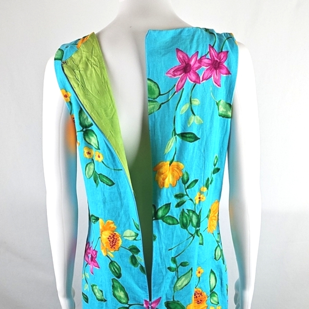 Talbots 100% Linen Bright Aqua Pink Yellow Floral Print Sleeveless Sheath Dress - Picture 8 of 16